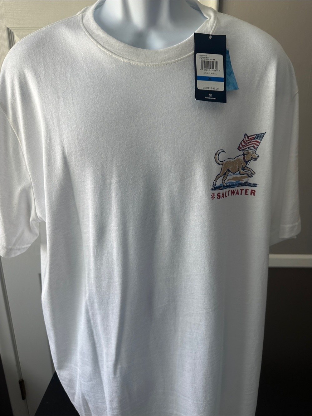 Izod White Short Sleeve T-Shirt with Patriotic Dog Graphic